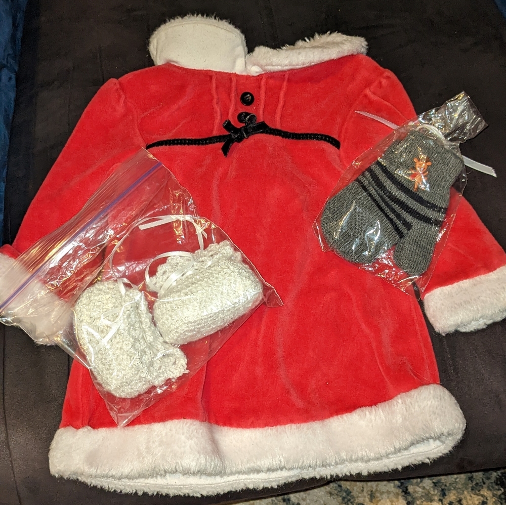 3-6 month baby Christmas dress with brand new mittens and slippers.